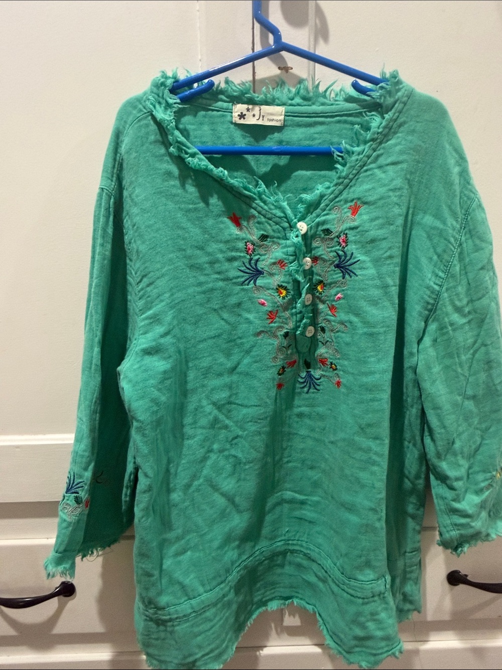 Embroidered Fringe Tunic Top in Teal Green with flower embroidered